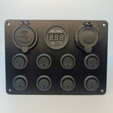 HT Marin Switch Panel 8'li Usb, Çakmaklık, Voltmetre, Mavi Işıklı