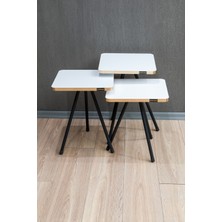 The Violet Kare Metal Ayaklı 3'lü  Zigon Sehpa Çay Sehpası Servis Sehpası - Beyaz / Gold