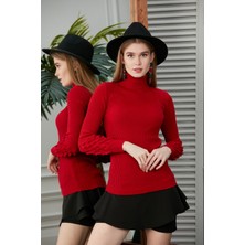 Jerusalema Kadın Kırmızı Kol Detaylı Balıkçı Yaka Triko Kazak