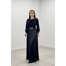 giyimmasalı Saten Kumaş Degaje Yaka Abiye Elbise - Siyah