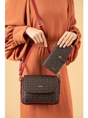 Just Polo Kahverengi Kırmızı Orta Boy 3 Bölmeli Iki Askılı Kadın El & Omuz Çantası ve Cüzdan Kombini 21X16CM PBU20101-09