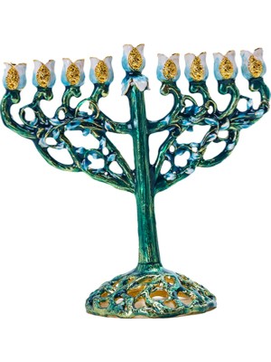 Hanuka Menorah Mücevherli Aksanlı Bejeweled Candlesticks Mum Tutucu Yeşil