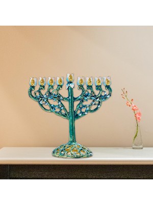 Hanuka Menorah Mücevherli Aksanlı Bejeweled Candlesticks Mum Tutucu Yeşil