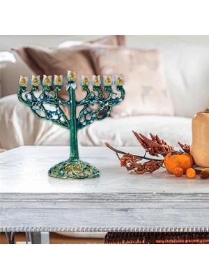 Hanuka Menorah Mücevherli Aksanlı Bejeweled Candlesticks Mum Tutucu Yeşil