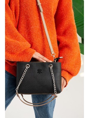 İmpolo Lorin Siyah Kum Kadın Omuz Çanta 18X26 Ebat