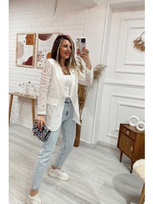 Cng Moda Kadın Güpürlü Ekru Blazer Yazlık Ceket Güpür
