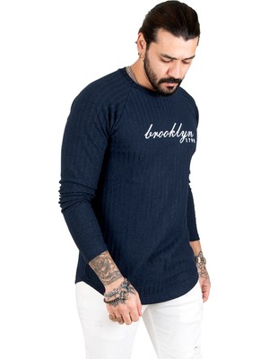 DeepSEA Lacivert Eteği Oval Kesim Bisiklet Yaka Önü Yazı Baskılı Triko Erkek Sweatshirt 1808072