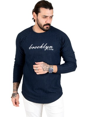 DeepSEA Lacivert Eteği Oval Kesim Bisiklet Yaka Önü Yazı Baskılı Triko Erkek Sweatshirt 1808072