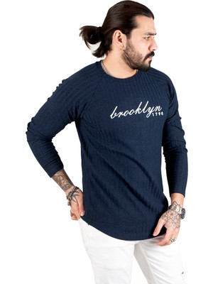 DeepSEA Lacivert Eteği Oval Kesim Bisiklet Yaka Önü Yazı Baskılı Triko Erkek Sweatshirt 1808072