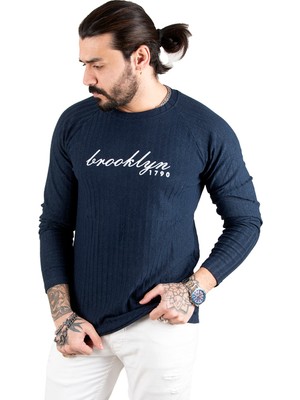 DeepSEA Lacivert Eteği Oval Kesim Bisiklet Yaka Önü Yazı Baskılı Triko Erkek Sweatshirt 1808072