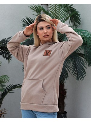 Awcıı Store Kadın Oversize Hayvan Figürlü Bej Kapüşonlu Sweatshirt