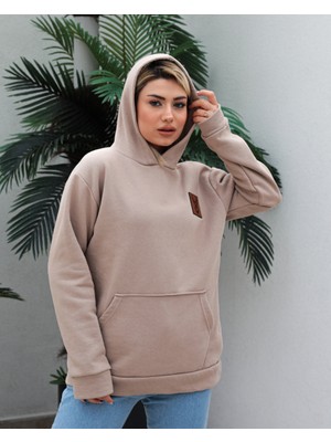 Awcıı Store Kadın Oversize Hayvan Figürlü Bej Kapüşonlu Sweatshirt