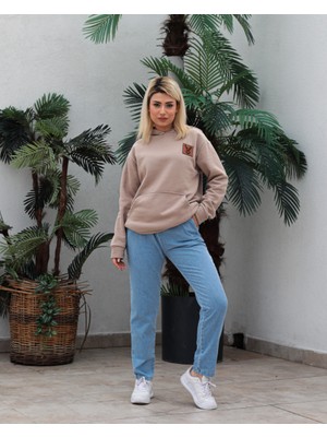 Awcıı Store Kadın Oversize Hayvan Figürlü Bej Kapüşonlu Sweatshirt