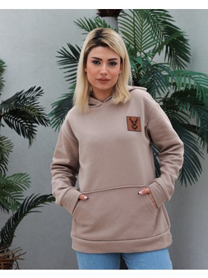 Awcıı Store Kadın Oversize Hayvan Figürlü Bej Kapüşonlu Sweatshirt