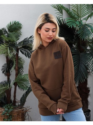 Awcıı Store Kadın Oversize Hayvan Figürlü Kahverengi Kapüşonlu Sweatshirt