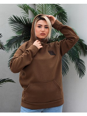 Awcıı Store Kadın Oversize Hayvan Figürlü Kahverengi Kapüşonlu Sweatshirt