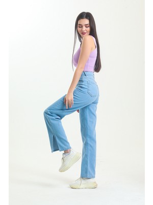 Shevega Buz Mavi Bol Paça Yırtık Wide Leg Jean Kot Pantolon
