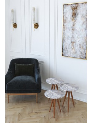 Vintage 3 Lü Yuvarlak Zigon Servis Sehpası- Gri Mermer Desen