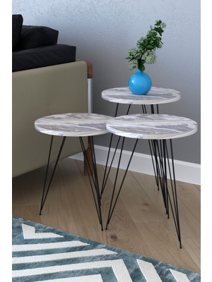 The Violet Star 3 Lü Yuvarlak Zigon  Servis Sehpası- Gri Mermer Desen