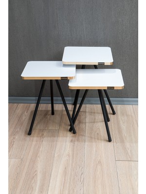 The Violet Kare Metal Ayaklı 3'lü  Zigon Sehpa Çay Sehpası Servis Sehpası - Beyaz / Gold