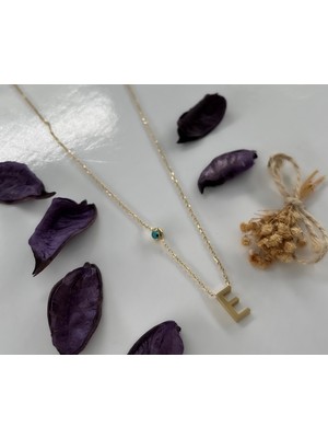 Purplefly Jewels Nazar Boncuklu Gold Renk Kararmaz E Harf Çelik Kolye PRP-Ç0129