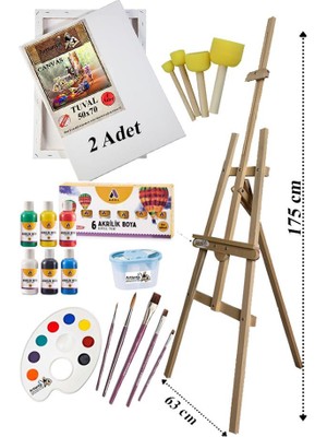 Artlantis Akrilik Boya Resim Başlangıç Seti Adel 6 Ana Renk Akrilik Boya Şövalye 2 Tuval 50X70 Fırça Spatula Şövale