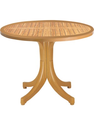 Papatya Pera Masa Plastik Bahçe Masası Teak Ahşap Desenli Yuvarlak 90 cm
