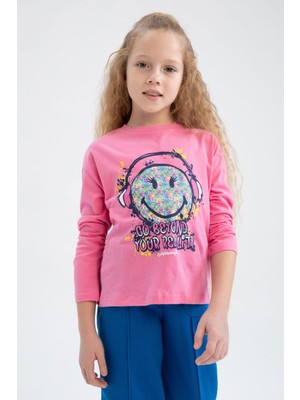 DeFacto Kız Çocuk SmileyWorld Bisiklet Yaka Uzun Kollu Tişört Y3814A622AU