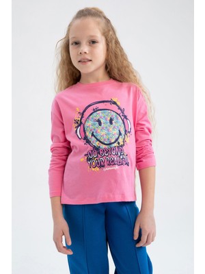 DeFacto Kız Çocuk SmileyWorld Bisiklet Yaka Uzun Kollu Tişört Y3814A622AU