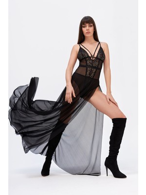 Nbb Siyah Valeur Tül Etekli Çıtçıtlı Bodysuit Takım