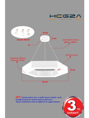 Hegza Lighting Hexagon  (Beyaz Kasa, Beyaz Işık)  Ledli Modern LED Avize Salon Mutfak Oturma Yatak Odası Sarkıt