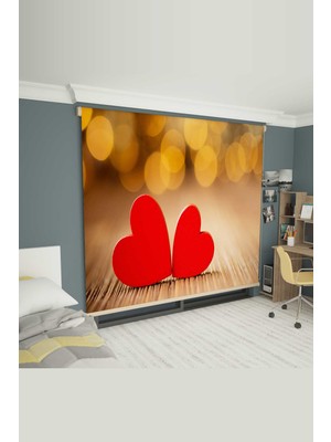 Tekstilnet Kırmızı Kalpler Desenli Genç Odası Dekoratif Tekstil Baskılı Stor Perde