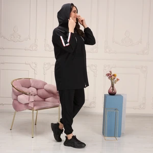 Cng Moda Büyük Beden Tomy Fermuarlı Kapüşonlu Eşofman Takımı Siya