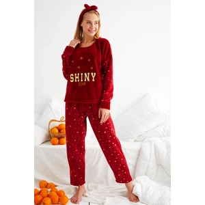 Kışlık Polar Yılbaşı Kadın Pijama Takımı- Saç Bandı Hediyeli