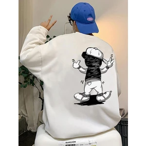 Erkek Şapkalı Ayıcık Baskılı Oversize Sweatshirt