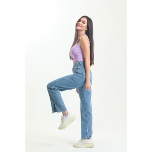 Açık Mavi Taş Yıkama Bol Paça Yırtık Wide Leg Jean Kot Pantolon