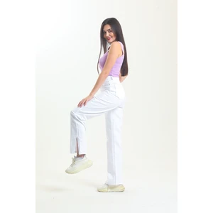 Beyaz Bol Paça Yırtık Wide Leg Jean Kot Pantolon