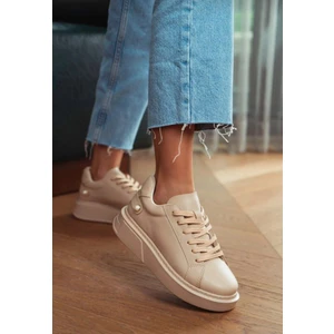 Bej Bağcıklı Inci Detaylı Kalın Taban Spor Ayakkabı