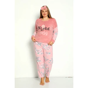 Büyük Beden Peluş Polar Pijama Takımı- Saç Bandı Hediyeli