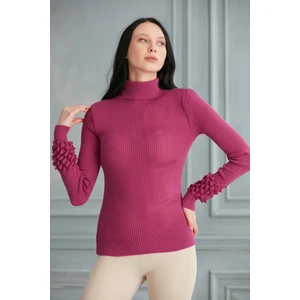 Kadın Mürdüm Kol Detaylı Balıkçı Yaka Triko Kazak