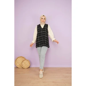 Cng Moda Kadın Tesettür Tüvit Süveter – Bej Dokuma Kumaş, Noktalı Çizgili Desen, Kışlık ve Günlük Şık Kombinler İçin