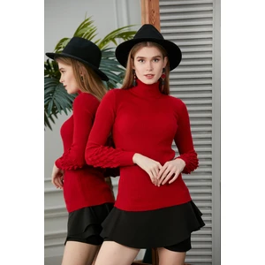 Kadın Kırmızı Kol Detaylı Balıkçı Yaka Triko Kazak