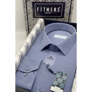 Erkek Klasik Uzun Kol Kare Armür Desenli Hediye Kutulu Gömlek - Saks Mavi