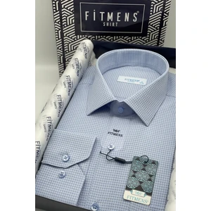 Erkek Klasik Uzun Kol Kare Armür Desenli Hediye Kutulu Gömlek - Açık Mavi