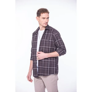 Erkek Klasik Uzun Kol Kışlık Ekoseli Oduncu Yaka Altı Düğmeli Pamuklu Hediye Kutulu Gömlek M523 - Kahverengi