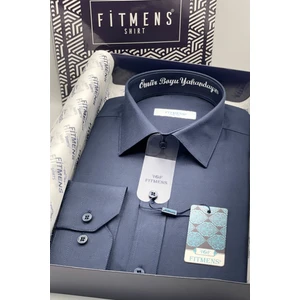 Erkek Slim Fit Uzun Kol Ömür Boyu Yakandayım Nakışlı Hediye Kutulu Gömlek - Lacivert