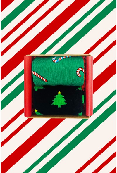 17 Gift Box 2'li Yılbaşı Hediyesi Kutulu Çorap Yeni Yıl Baston Şeker ve Çam Ağacı Teması Desenli