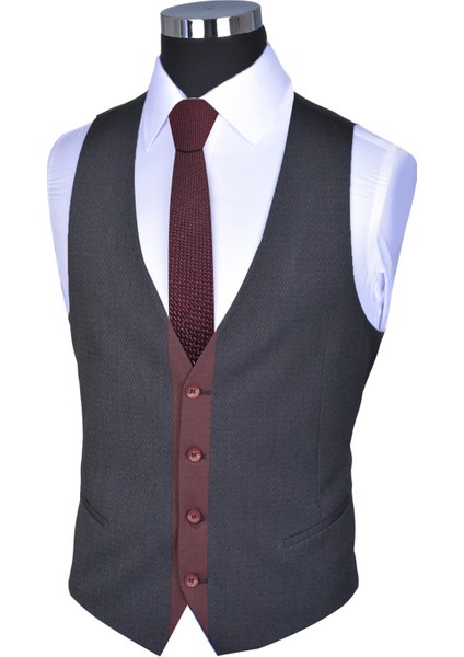 Slim Fit Düz Yelekli Takım Elbise  Bordo