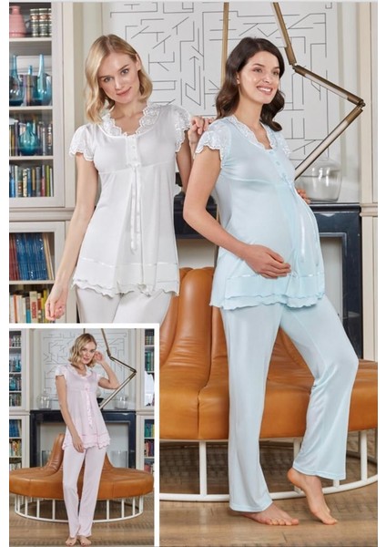 4703 Ecru Hamile Lohusa 3 Lü Pijama Sabahlık Takımı