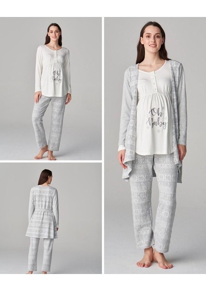 Pijama 4657 Gri 3lü Hamile Lohusa Pijama Sabahlık Tk